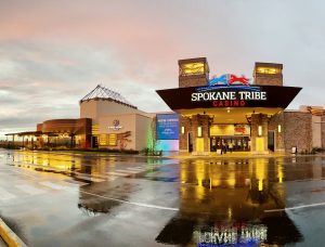 Wet ground after rainfall at the entrance of the Spokane Tribe Casino