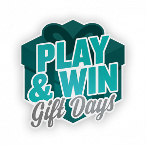 Play and Win logo with present box background