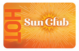 Orange card that says "Hot" along the side with Sun Club logo in the middle
