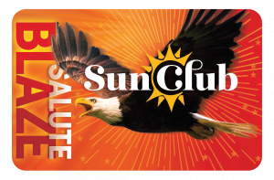 Orange and red card that says "Salute Blaze" along the side with Sun Club logo and eagle in the middle