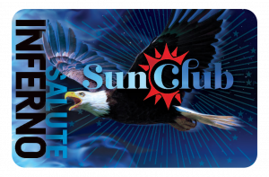 Black and blue card that says "Salute Inferno" along the side with Sun Club logo and eagle in the middle