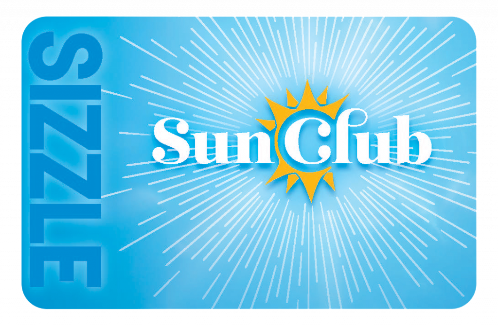 Blue card that says "Sizzle" along the side with Sun Club logo in the middle