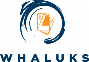 Whaluks logo with messy circle and pair of 3's playing cards