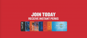 "join today receive instant perks" with all sun club cards lined up beneath