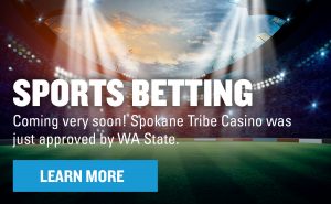 3D rendering of stadium at night on the field with text that says "Coming very soon! Spokane Tribe Casino was just approved by WA State" with button that reads, "Learn More"