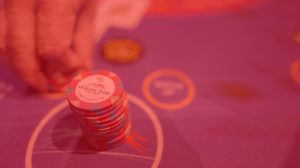 Stack of Spokane Tribe Casino $5 chips on felt