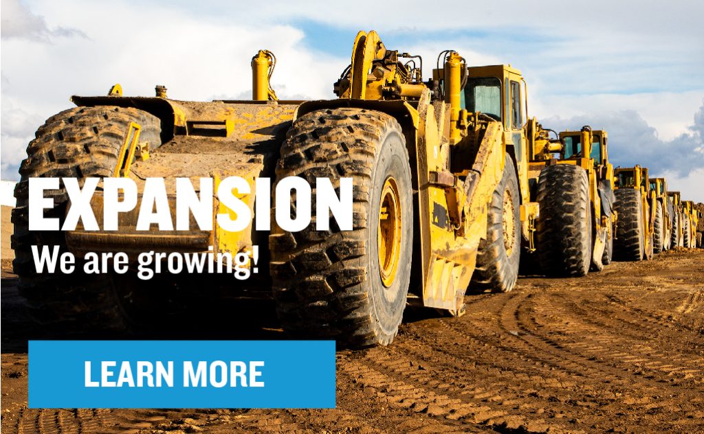 Expansion project graphic with excavators "Expansion - We are growing!" "Learn More Button"