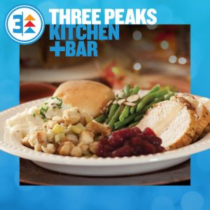 Three Peaks Thanksgiving Buffet plate with Three Peaks logo