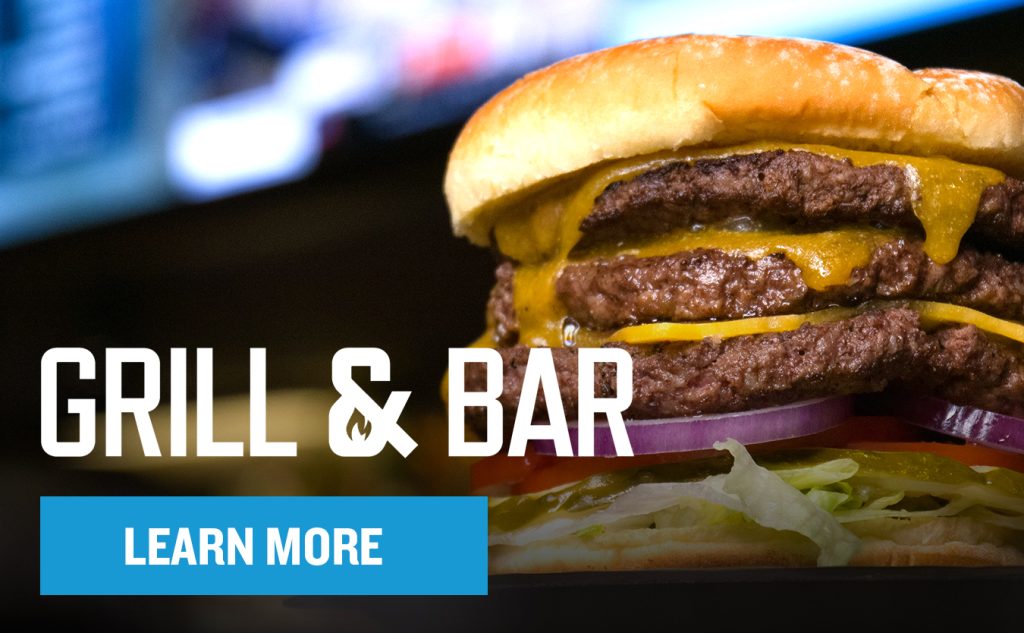 Image of burger with restaurant logo and learn more button