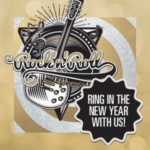 Rock'n'Roll graphic with guitar and invitation to "Ring in the new year with us!"