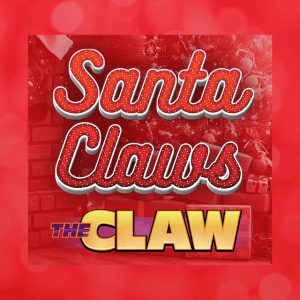 Santa Claws claw game graphic with christmas tree background