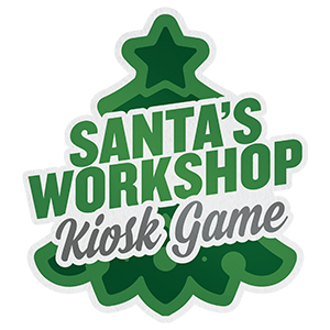 Santas Workshop kiosk game logo with christmas tree in background