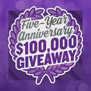 Five Year Anniversary $100,000 Giveaway Graphic in purple with olive branch wrapping around it