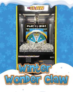 Winter Wonder Claw game graphic with claw machine covered in snow