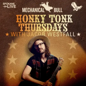 Poster for a musical event: "Honky Tonk Thursdays" with Jacob Westfall, featuring a guitarist in a hat against a starry brown background.