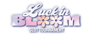 Logo for 'Luck in Bloom' Slot Tournament with white cursive text and pink flowers on a navy background