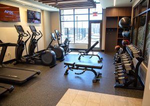 A modern gym with treadmills and ellipticals along the left wall, a bench and weight rack in the center, and a wall of storage with medicine balls on the right.