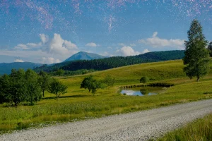 Scenic rural landscape with a gravel road in the foreground, green fields, a small pond, and forested hills leading to a mountain under a blue sky with clouds.