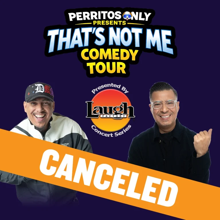 Promotional poster for Perritos Only's That's Not Me Comedy Tour with two comedians and a bold orange 'CANCELLED' banner across a dark purple background.