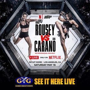 Poster for Rousey vs Carano MMA bout on Netflix, with two fighters in octagon and event details bottom-career lines