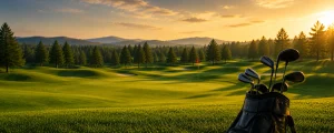 Golf bag with clubs on a sunlit golf course fairway at sunset, with trees in the background.