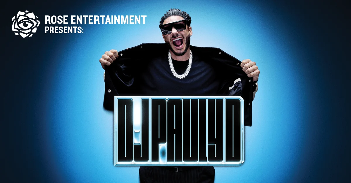 Promotional poster: man in sunglasses pulls open jacket against a blue glow, with 'Rose Entertainment Presents' text in the corner and a glowing 'DURAD' title.