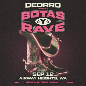 Neon pink poster advertising Botas Rave with a glowing cowboy boot and hat, Sep 12 in Airway Heights, WA.