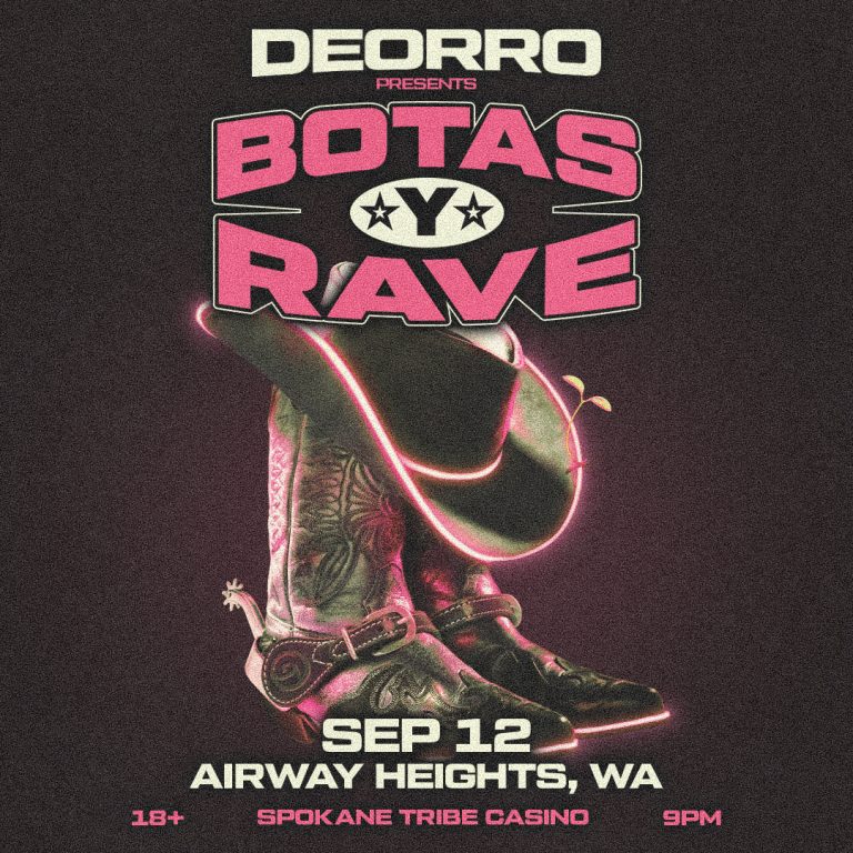 Neon pink poster advertising Botas Rave with a glowing cowboy boot and hat, Sep 12 in Airway Heights, WA.