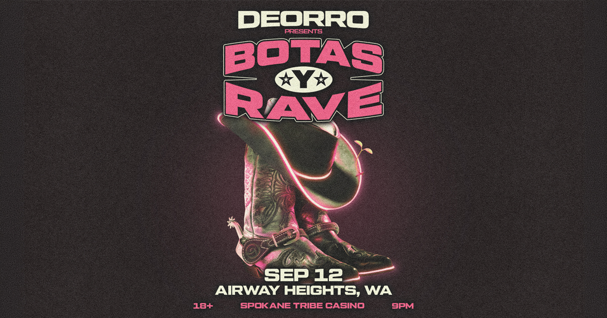 Poster for Deorro presents Boots and Rave with neon pink cowboy boots and hat, event Sep 12 in Airway Heights, WA.