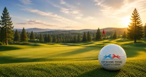 Golf ball with Spokane Tribe Resort & Casino branding resting on a sunlit putting green, with pine trees and a fairway in the background at sunset.