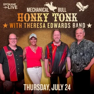 Promo poster for a live show: Honky Tonk with Theresa Edwards Band; four musicians pose together against a brown textured backdrop with bold text above.