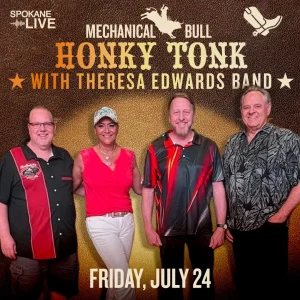 Promotional poster for a live country band show featuring Honky Tonk with Theresa Edwards Band, four musicians posing together, Friday, July 24.