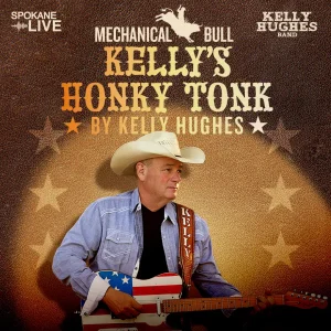 Promotional poster for Kelly's Honky Tonk by Kelly Hughes, featuring a guitarist wearing a white cowboy hat with a flag-themed guitar.