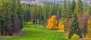 Golf course fairway lined with autumn trees, with a sand bunker visible in the distance and a winding path on the left.