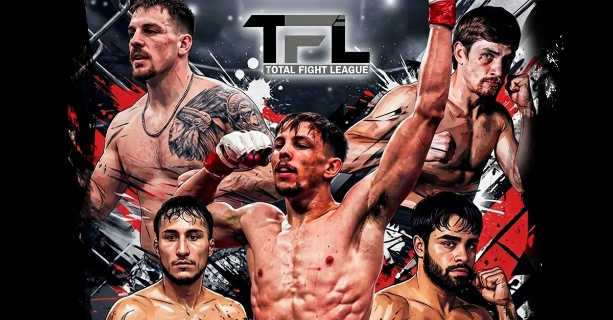 Collage poster of several MMA fighters celebrating in a Total Fight League promotion setting, with the TFL logo at the top center.