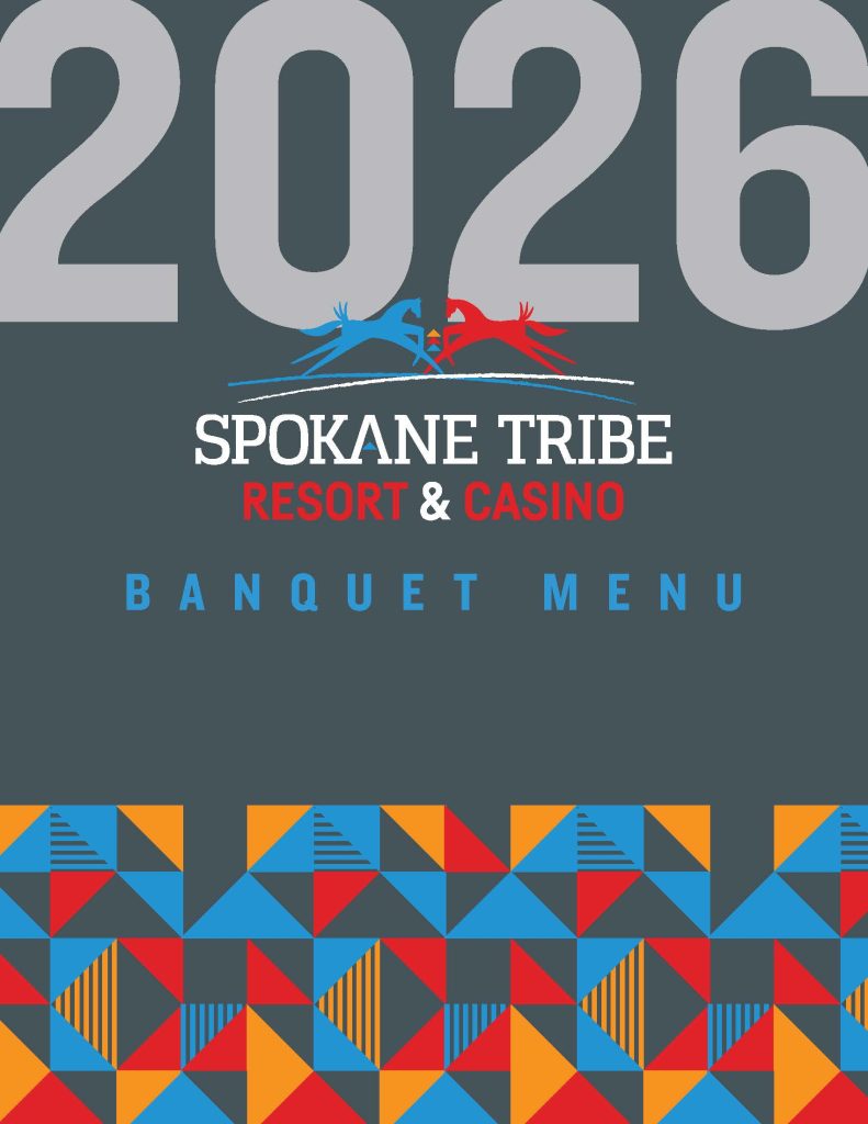Poster for 2026 Spokane Tribe Resort & Casino banquet menu with a multicolor geometric border.
