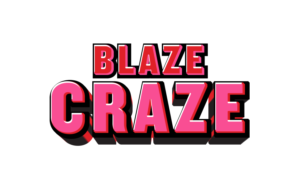Comic-book style logo reading 'BLAZE ERAZE' in bold pink-red letters with black shadows on a black background and dotted halftone accents.