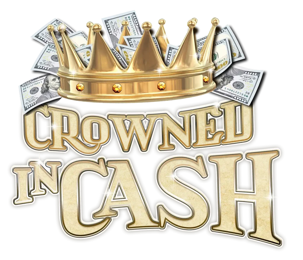 Gold crown atop scattered US dollars with bold 'Crowned Cash' lettering, a wealth-themed logo.