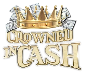 Gold crown atop scattered US dollars with bold 'Crowned Cash' lettering, a wealth-themed logo.