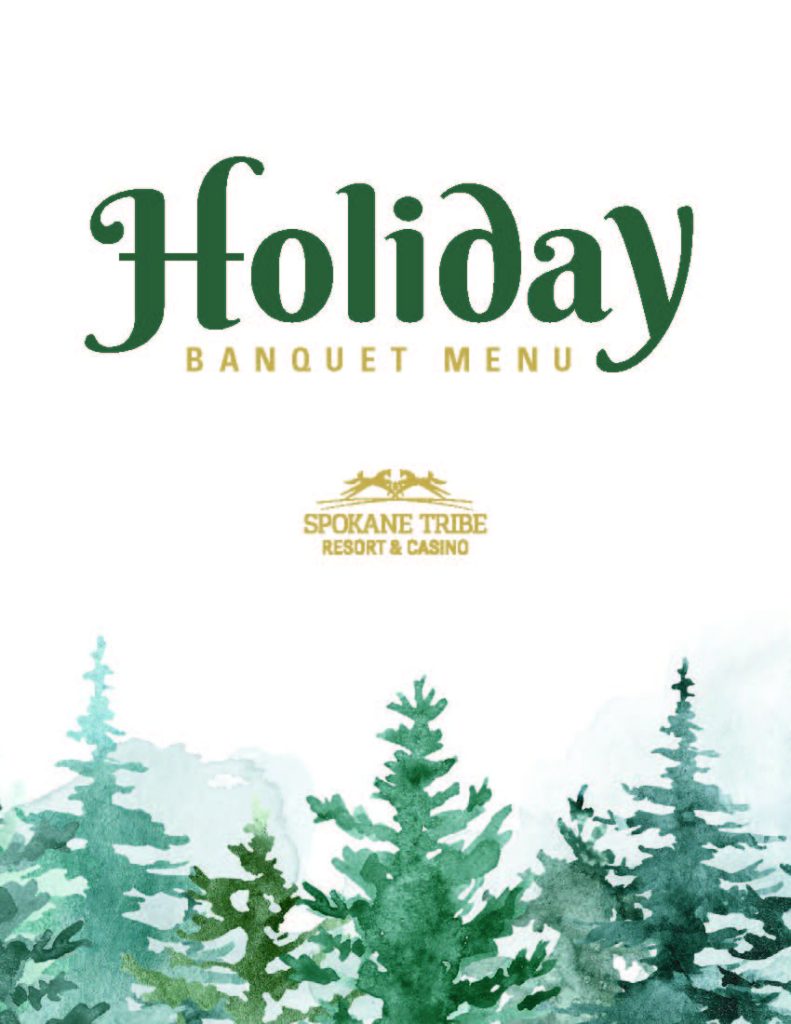 Holiday Banquet Menu cover for Spokane Tribe Resort & Casino with pine tree artwork at the bottom edge