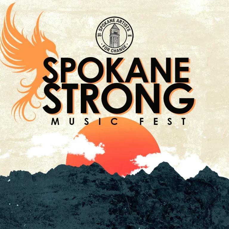 Poster for Spokane Strong Music Fest featuring a fiery orange phoenix left, bold black text, mountains and orange sun behind clouds.