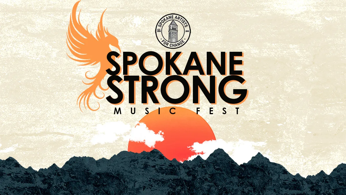 Poster for Spokane Strong Music Fest with an orange phoenix on the left, bold black title, and a sunset over dark mountains behind clouds.