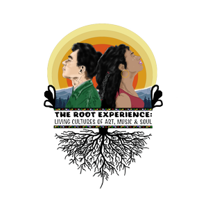 Logo featuring a circular gold crest with a man and woman back-to-back, roots beneath, and the banner text 'The Rooted Experience: Living Cultures of Spirit, Music, Soul'