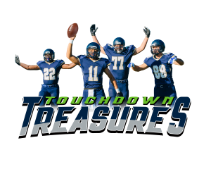 Four blue-uniform football players celebrate with arms raised, overlaid by bold 'TOUCHDOWN TREASURES' logo text in green and navy.