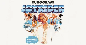 Poster for Yung Gravy: Joyrider, showing Yung Gravy in a light suit with a retro collage of cars, surf imagery, and people in the background with a bold blue title above.