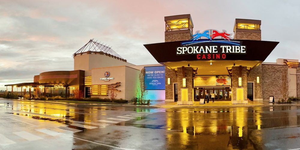 Wet ground after rainfall at the entrance of the Spokane Tribe Casino